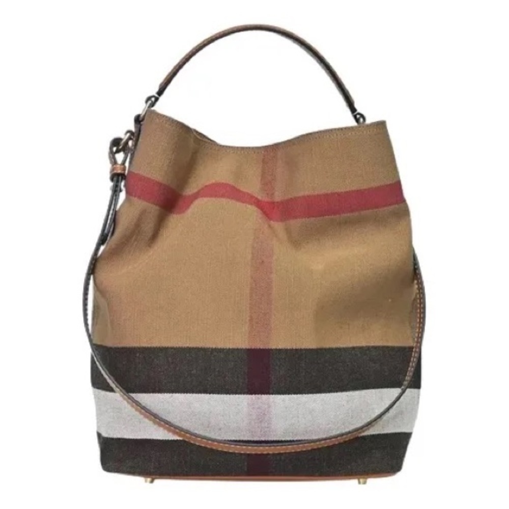 BURBERRY ASHBY canvas check medium leather trim convertible Tote shoulder bag